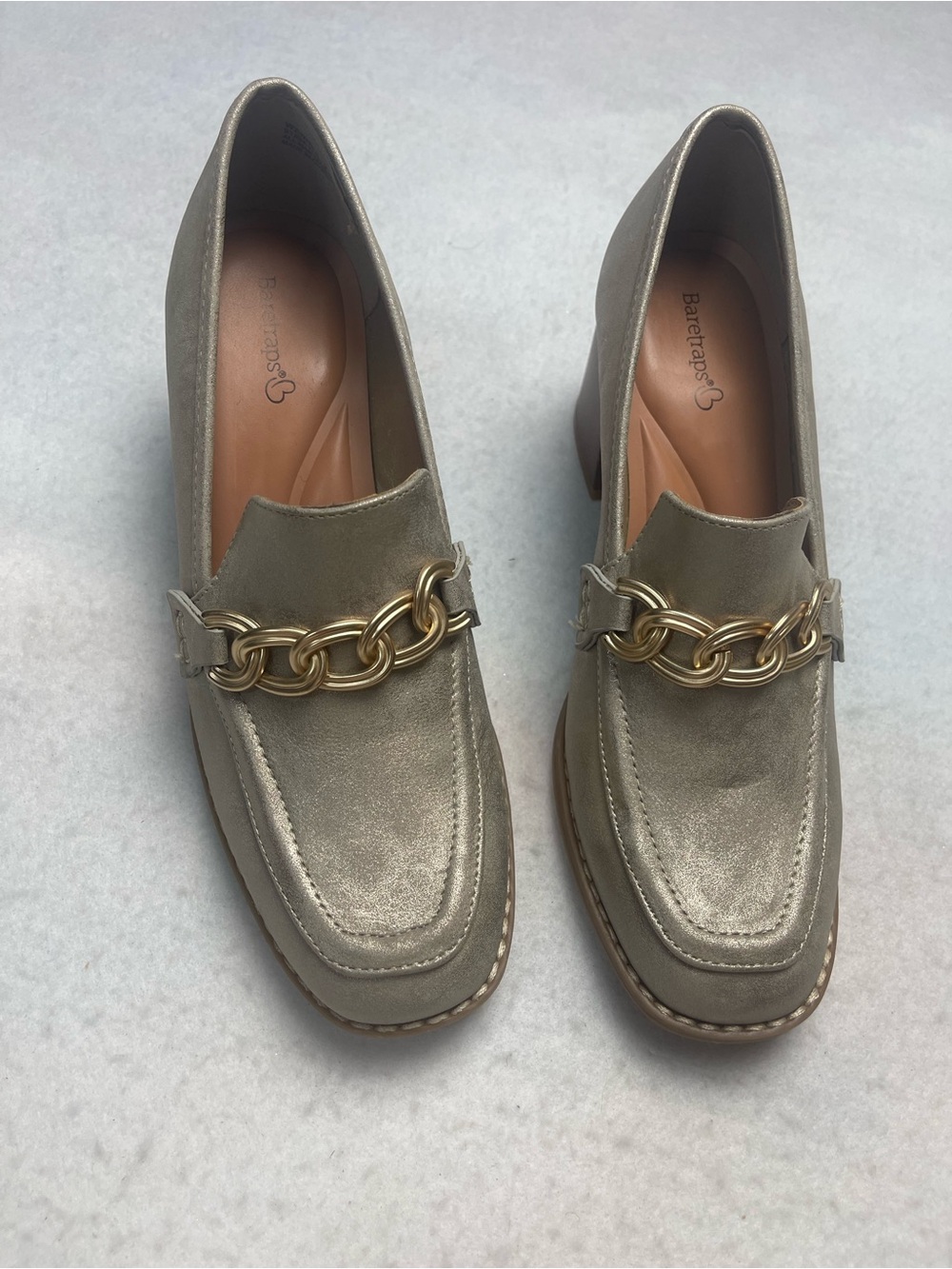 BareTraps Taupe Loafers with Gold Chain Accent